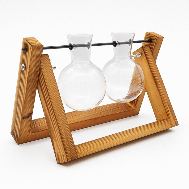 Conjunto Vaso Vidro Bulbo Com Suporte De Madeira Duplo